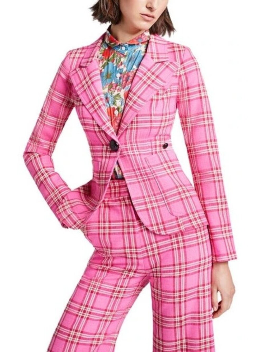 Smythe Pink Plaid Patch Pocket Dutchess Blazer, Size 8